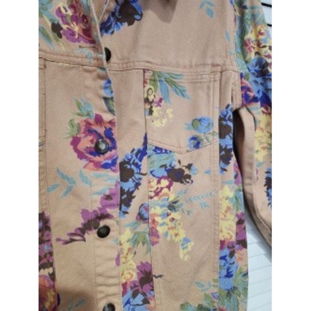 Susan Graver Style Womens Floral Denim Jacket Tan Purple Blue Size Medium Cotton - Picture 5 of 5